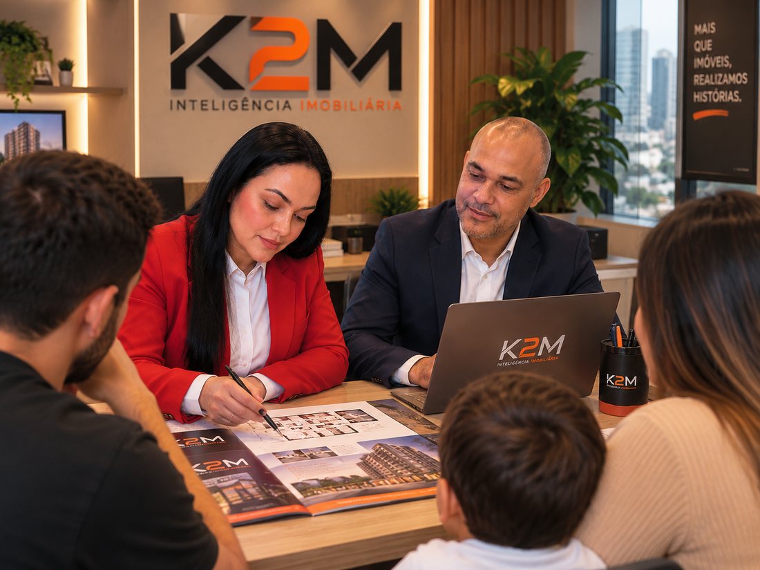 Consultores da K2M atendendo uma família na sala de atendimento, analisando as plantas de um empreendimento