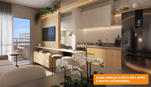 Sala integrada à cozinha com orquídeas na mesa