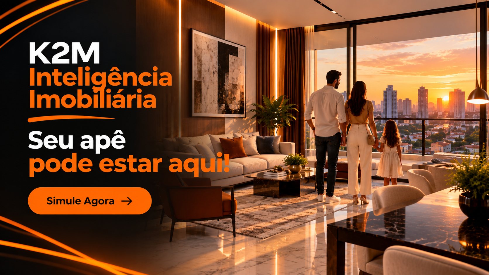 K2M Inteligência Imobiliária. Seu apê pode estar aqui! Família olhando a cidade da varanda de um apartamento