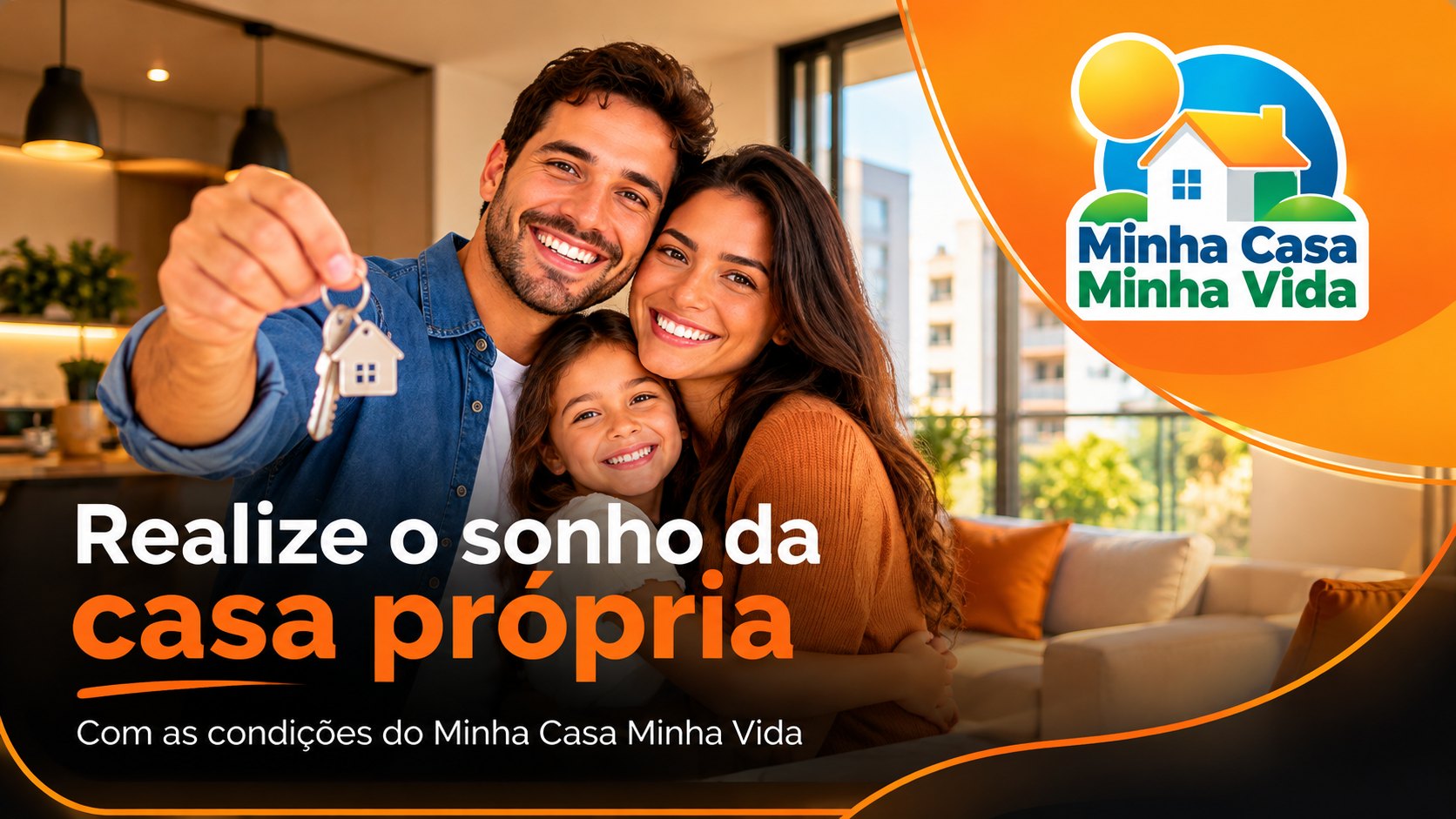 Realize o sonho da casa própria com as condições do Minha Casa Minha Vida. Família sorrindo e segurando as chaves do apartamento